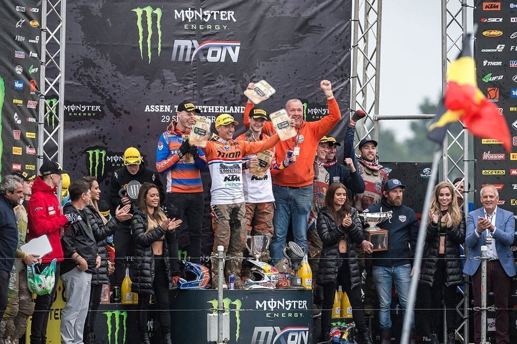 Team Netherlands celebrate on the top step of the 2019 MXoN podium